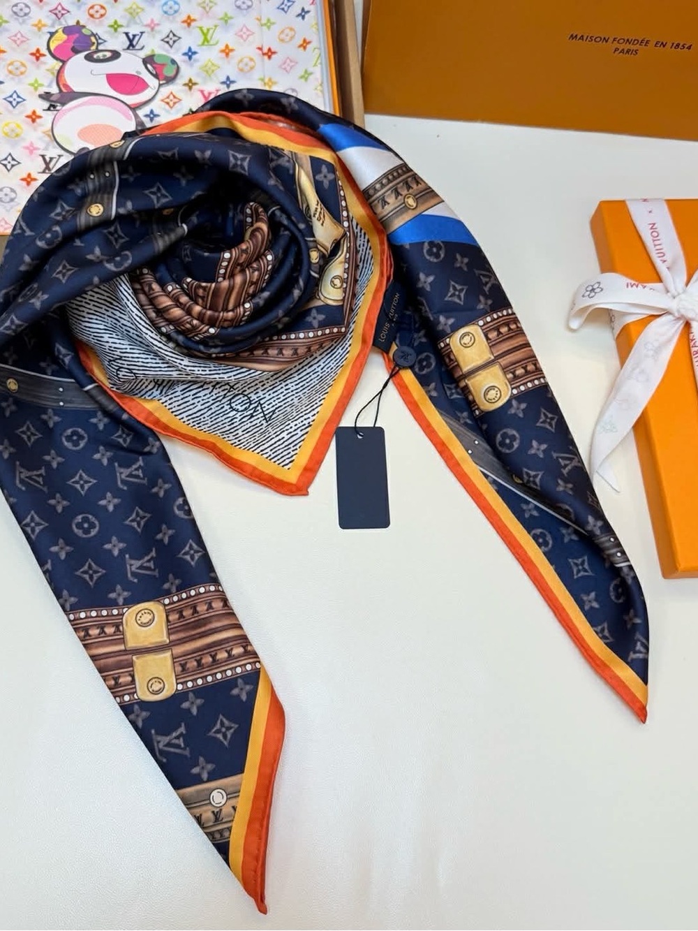 Luxury Navy Monogram Silk Scarf - Designer-Inspired
